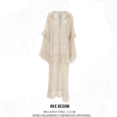 Sexy see-through chiffon dress with loose khaki bat sleeve long skirt