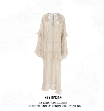 Sexy see-through chiffon dress with loose khaki bat sleeve long skirt