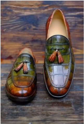 New Premium Quality Men’s Genuine Green and Tan Leather Loafer Moccasin Slip on