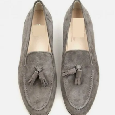 Handmade gray suede leather moccasin shoes with tassels, tasseled loafer shoes
