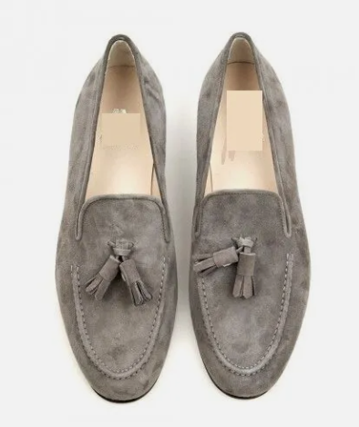 Handmade Gray Suede Leather Moccasin Shoes with tassels, Tasseled Loafer Shoes