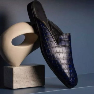 Handmade men blue crocodile leather slippers, stylish mules shoes for men