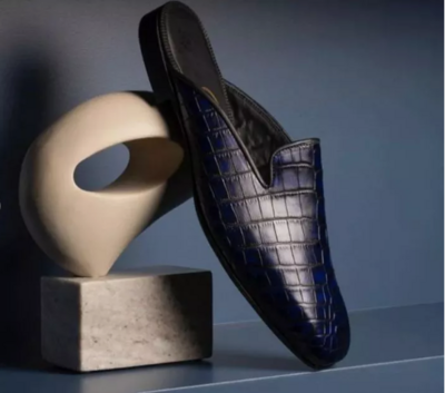 Handmade Men Blue Crocodile Leather Slippers, Stylish Mules Shoes for Men