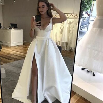 Elegant a line side slit simple wedding dress bridal gown