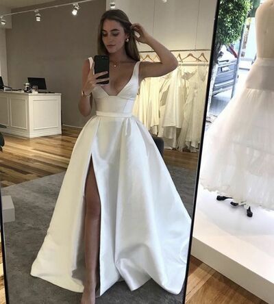 Elegant A Line Side Slit Simple Wedding Dress Bridal Gown