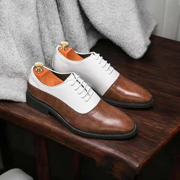 Premium Quality Men's Leather Two -Tone Handmade White & Shaded Brown Goodyear Welted Lace Ups Shoes