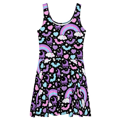 Rainbow Spooky Bats Black Skater Dress