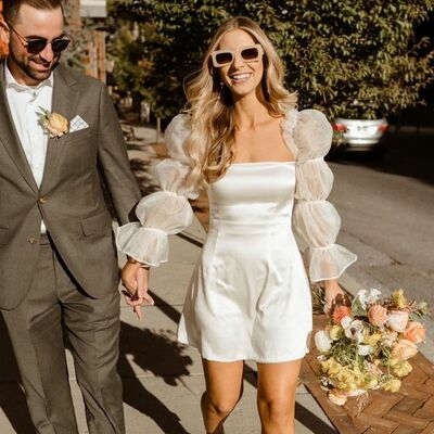 Cute strapless ruffled sleeves short wedding dresses,1793 - Thumbnail 1