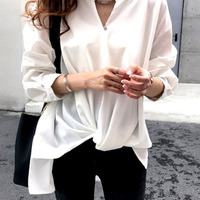 Stunning Vintage Solid V-neck Irregular Wrap Chiffon Oversize Blouse Tops Unique Rave Amazing - Thumbnail 3