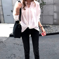 Stunning Vintage Solid V-neck Irregular Wrap Chiffon Oversize Blouse Tops Unique Rave Amazing - Thumbnail 4