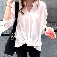 Stunning Vintage Solid V-neck Irregular Wrap Chiffon Oversize Blouse Tops Unique Rave Amazing - Thumbnail 6