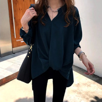 Stunning Vintage Solid V-neck Irregular Wrap Chiffon Oversize Blouse Tops Unique Rave Amazing - Thumbnail 2