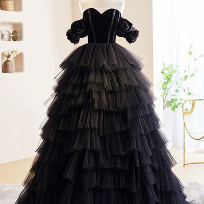 Black tulle floor length prom evening dress, a-line off the shoulder formal dress - Thumbnail 1