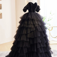 Black Tulle Floor Length Prom Evening Dress, A-Line Off the Shoulder Formal Dress - Thumbnail 1