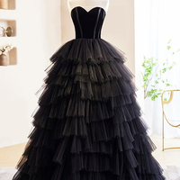Black Tulle Floor Length Prom Evening Dress, A-Line Off the Shoulder Formal Dress - Thumbnail 4