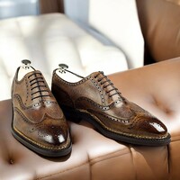 Hot Sale Men's Hand Stitch Brown Oxfords Wingtip Brogue Genuine Leather Lace Up Shoes - Thumbnail 1