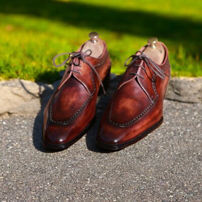 Unique men's hand stitch brown lace up leather wedding shoes