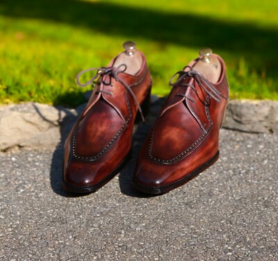 Unique Men's Hand Stitch Brown Lace Up Leather Wedding Shoes