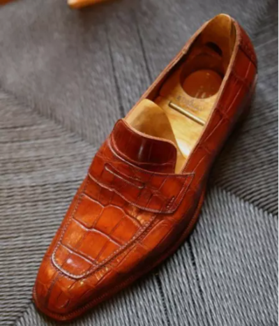 Handmade Men's Tan Square Toe Crocodile Texture Leather Moccasin Dress Shoes