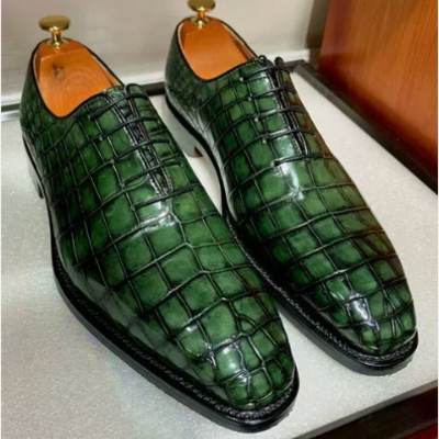 Handmade men green crocodile textured shoes, leather shoes men, oxford shoes