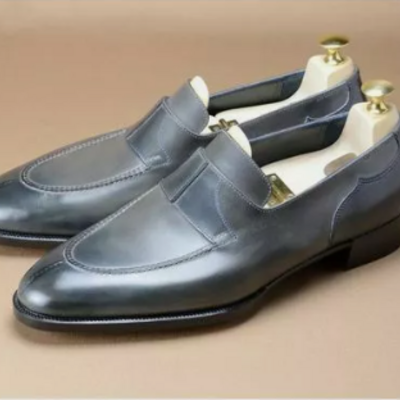 Men handmade gray leather moccasin shoes, gray office shoes, gray loafer shoes