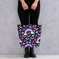 Rainbow Spooky Bats Black Tote Bag - Thumbnail 1