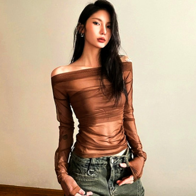 Stunning punk crinkle chiffon transparent off shoulder slinky pullover tops streetwear rave amazing