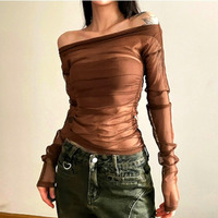 Stunning Punk Crinkle Chiffon Transparent Off Shoulder Slinky Pullover Tops Streetwear Rave Amazing - Thumbnail 2