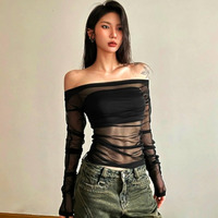 Stunning Punk Crinkle Chiffon Transparent Off Shoulder Slinky Pullover Tops Streetwear Rave Amazing - Thumbnail 4