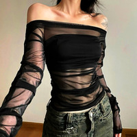 Stunning Punk Crinkle Chiffon Transparent Off Shoulder Slinky Pullover Tops Streetwear Rave Amazing - Thumbnail 6