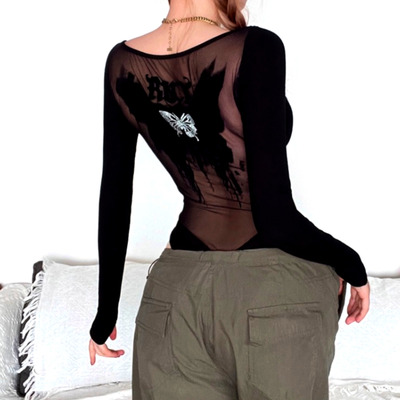 Stunning punk butterfly print chiffon transparent mesh slinky pullover tops jumpsuit streetwear rave amazing