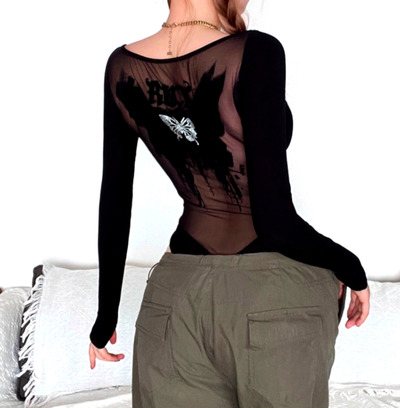 Stunning Punk Butterfly Print Chiffon Transparent Mesh Slinky Pullover Tops Jumpsuit Streetwear Rave Amazing