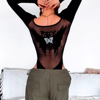 Stunning Punk Butterfly Print Chiffon Transparent Mesh Slinky Pullover Tops Jumpsuit Streetwear Rave Amazing - Thumbnail 5