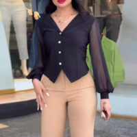 Fashion Mesh Splicing Button Up Shirt Top - Thumbnail 1