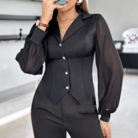 Fashion Mesh Splicing Button Up Shirt Top - Thumbnail 2