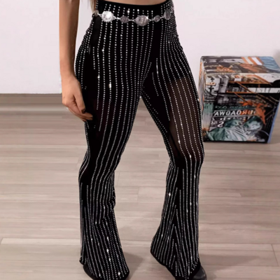 Black sexy mesh rhinestone design high waisted tight flared pants