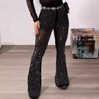 Black Sexy Mesh Rhinestone Design High Waisted Tight Flared Pants - Thumbnail 1