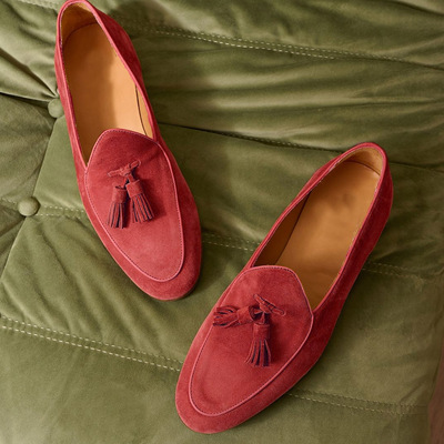Men's christmas awesome red tassels loafer shoes, genuine suede hand stitch shoes