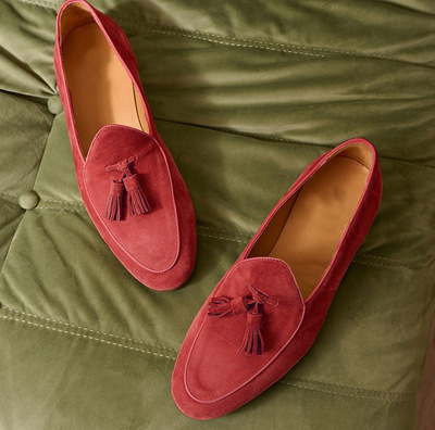 Men's Christmas Awesome Red Tassels Loafer Shoes, Genuine Suede Hand Stitch Shoes