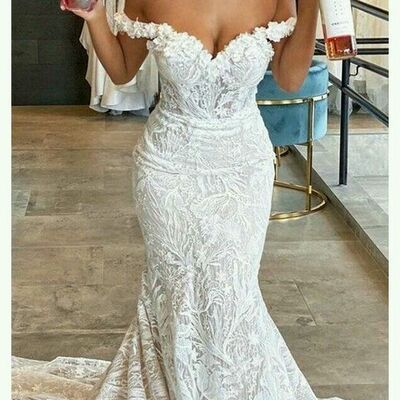Elegant sheath off the shoulder lace appliques wedding dress bridal gown