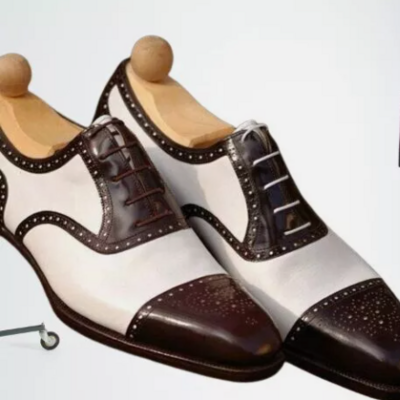 Handmade men dark brown and white brogue formal dress shoes, brogue shoes