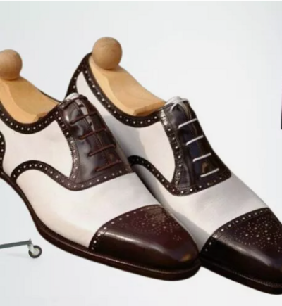 Handmade Men Dark Brown and White Brogue Formal Dress Shoes, Brogue Shoes