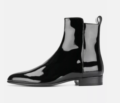 Handmade men black patent chelsea boots, zipper ankle office boots for mens