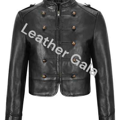 Girls military style black studded real leather jacket,handmade edition