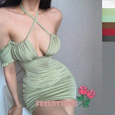 One-line neck strap pleated hip skirt