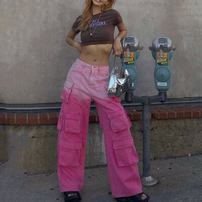 Pink gradient cargo baggy denim pants