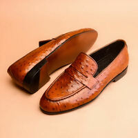 Handmade Tan Ostrich Print Leather Shoes, Casual Shoes For Men's - Thumbnail 2