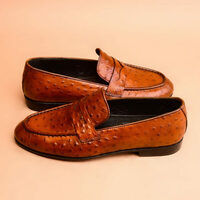 Handmade Tan Ostrich Print Leather Shoes, Casual Shoes For Men's - Thumbnail 1