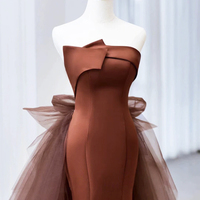 Brown Satin Tulle Floor Length A-Line Prom Party Dress - Thumbnail 1