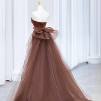 Brown Satin Tulle Floor Length A-Line Prom Party Dress - Thumbnail 2